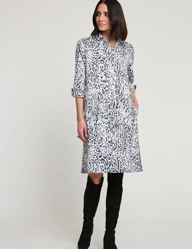 Charlotte 3/4 Sleeve Snow Leopard Sateen Print Dress