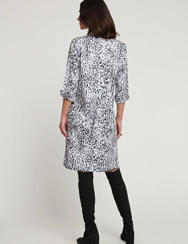 Charlotte 3/4 Sleeve Snow Leopard Sateen Print Dress