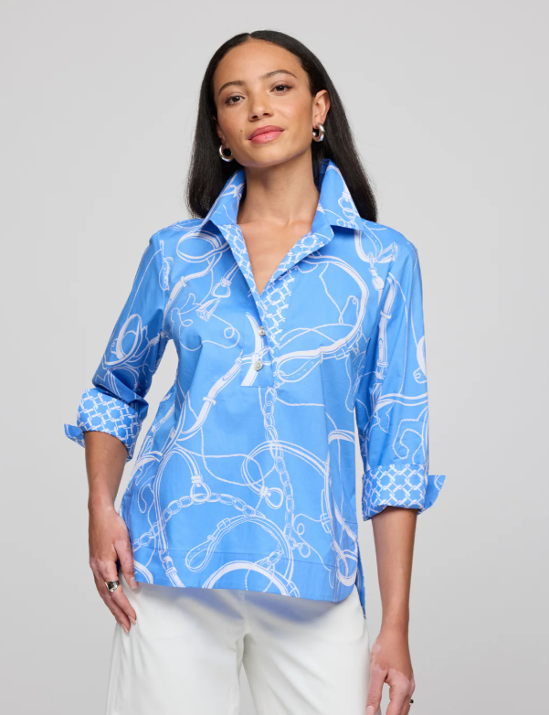 3/4 Sleeve Aileen Blouse in Blue & White