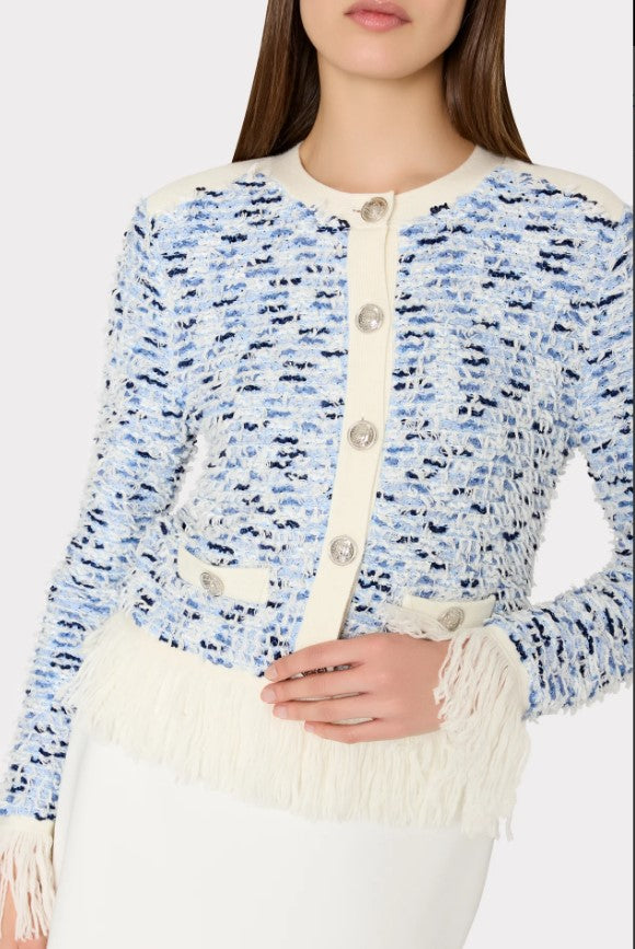 Fringed Textured Tweed Cardigan