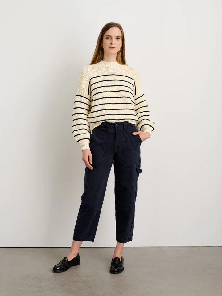 Button-Back Crewneck Sweater in Stripe