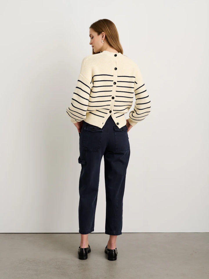 Button-Back Crewneck Sweater in Stripe